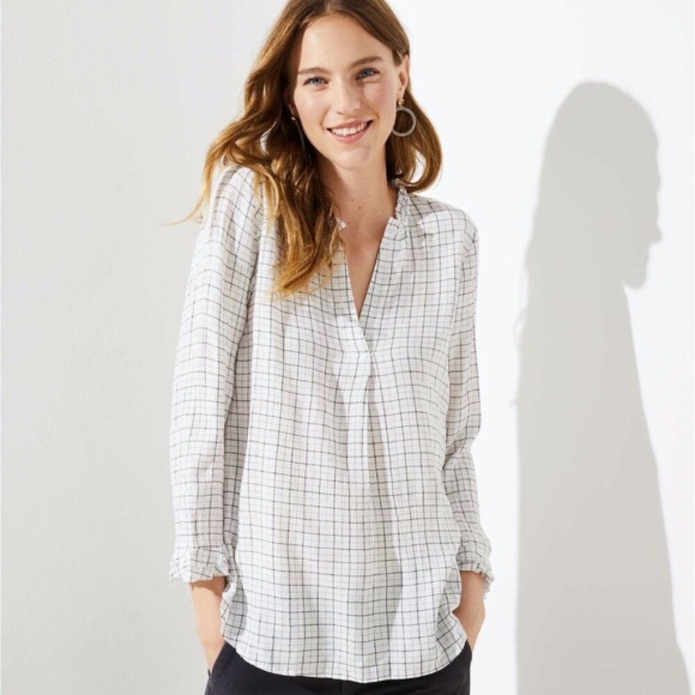 LOFT Plaid‎ Ruffle Split Neck Blouse size Small